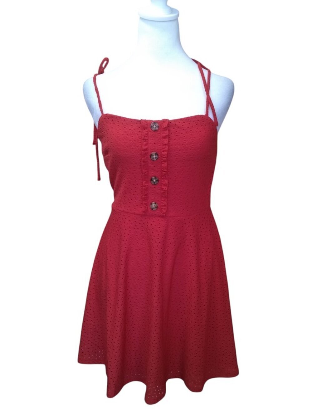 Speechless Juniors Medium Tie Strap Fit And Flare Red Dress Eyelet Button Detail